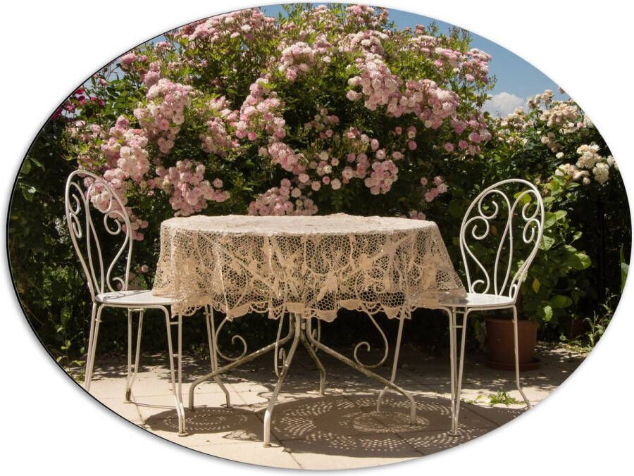 Dibond Ovaal Tafel Stoelen Tafelkleed Bloemen 80x60 cm Foto op Ovaal (Met Ophangsysteem)
