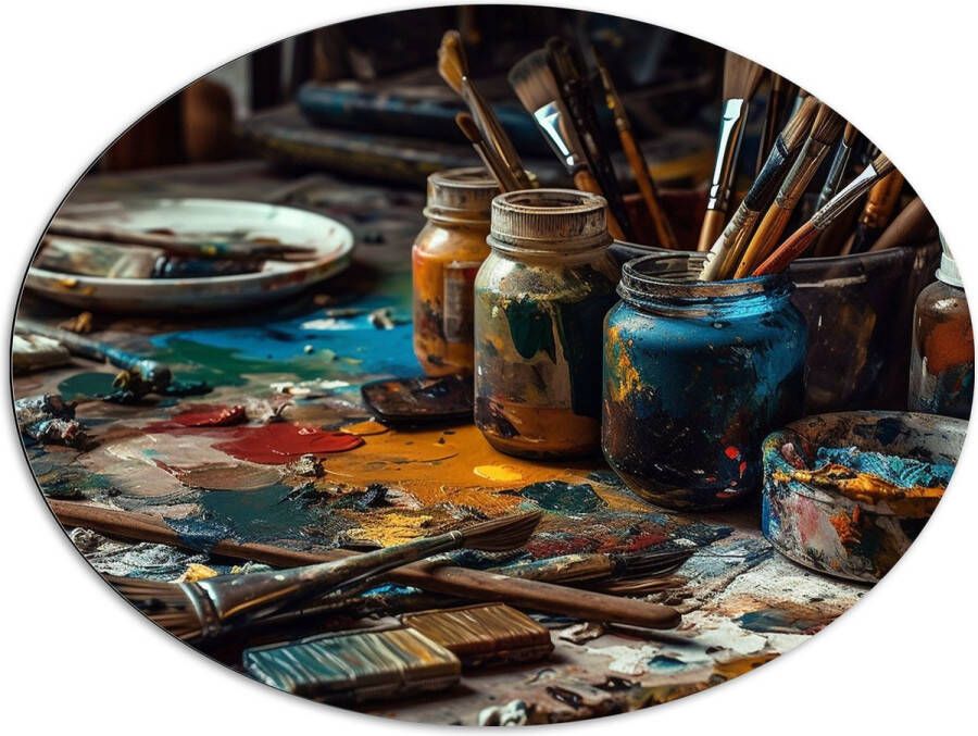 Dibond Ovaal Tafel Verf Kwasten Schilderen Verven -Kunst Kleuren 96x72 cm Foto op Ovaal (Met Ophangsysteem)