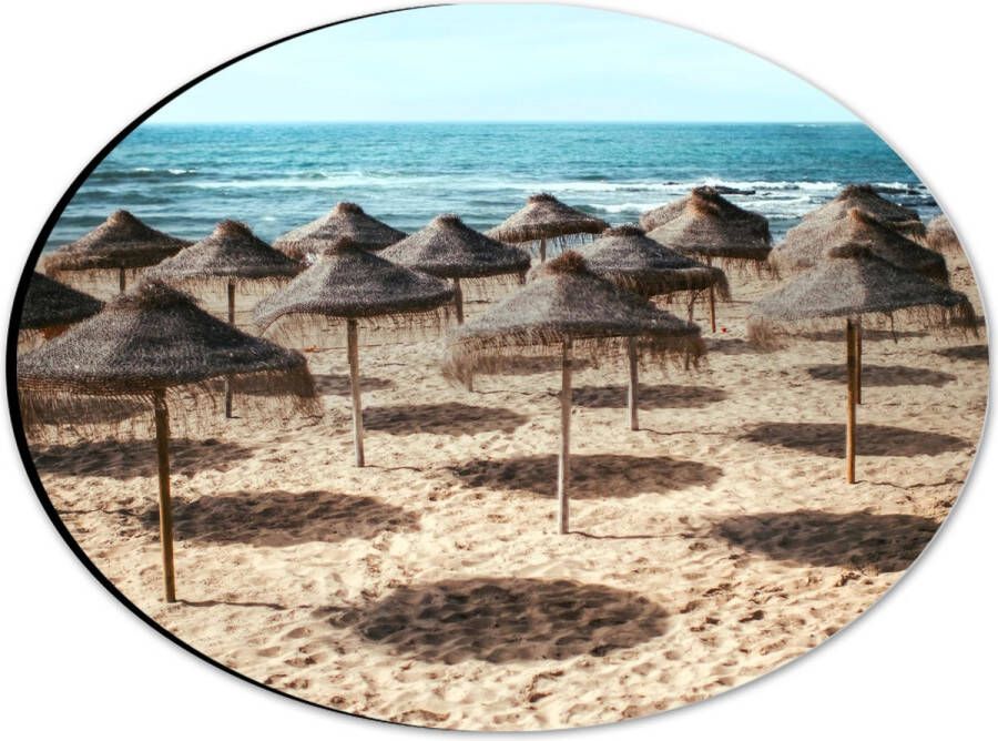 Dibond Ovaal Zee Strand Zand Parasols 28x21 cm Foto op Ovaal (Met Ophangsysteem)