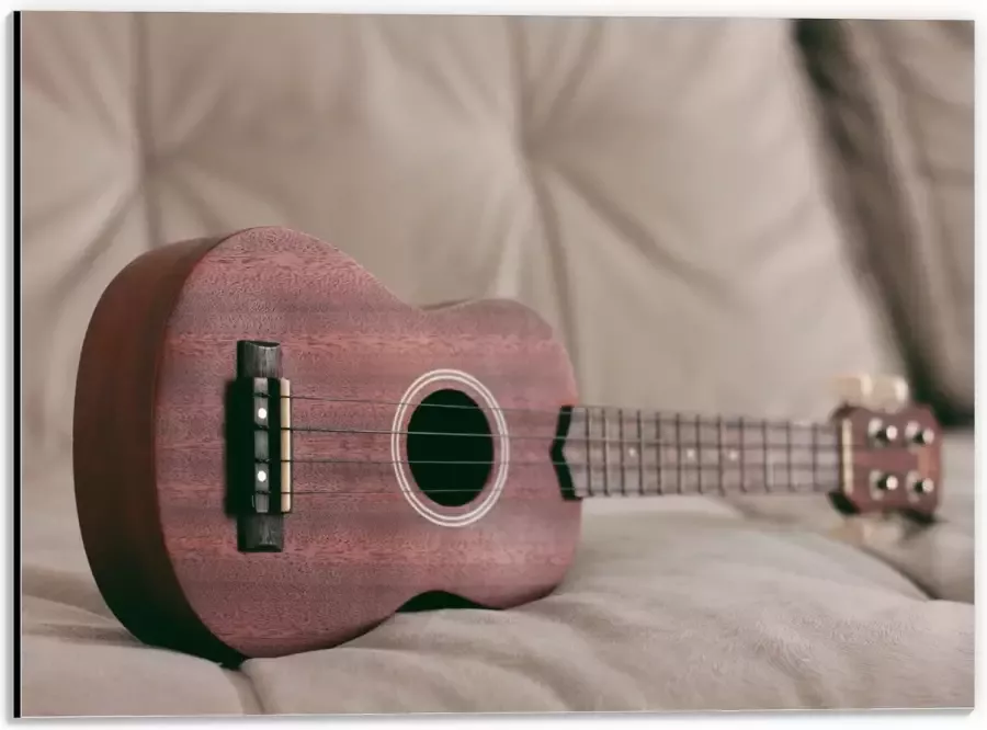 Dibond Roze Gitaar op Zijkant op Bank 40x30 cm Foto op Aluminium (Met Ophangsysteem)