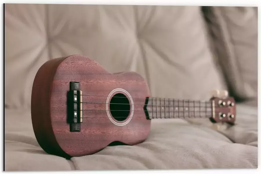 Dibond Roze Gitaar op Zijkant op Bank 60x40 cm Foto op Aluminium (Wanddecoratie van metaal)