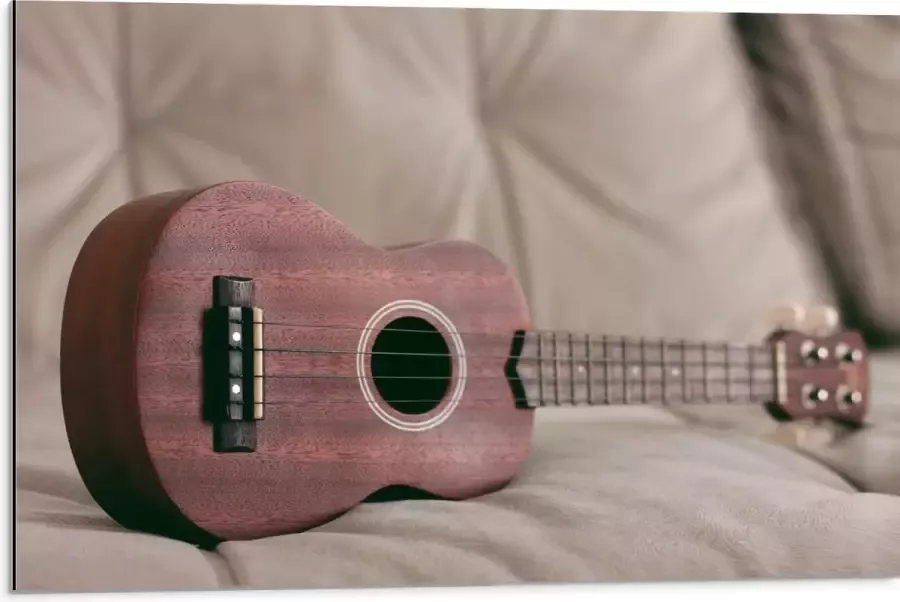 Dibond Roze Gitaar op Zijkant op Bank 75x50 cm Foto op Aluminium (Met Ophangsysteem)