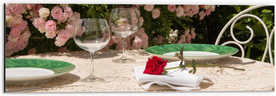 Dibond Tafel Roos Borden Glazen -Bloemen Planten Stoelen 60x20 cm Foto op Aluminium (Wanddecoratie van metaal)