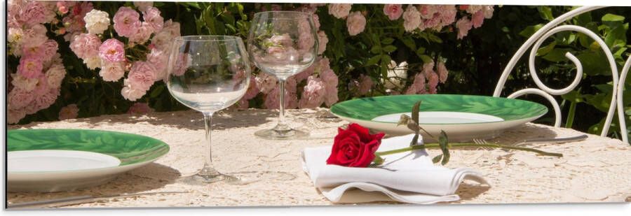 Dibond Tafel Roos Borden Glazen -Bloemen Planten Stoelen 90x30 cm Foto op Aluminium (Wanddecoratie van metaal)