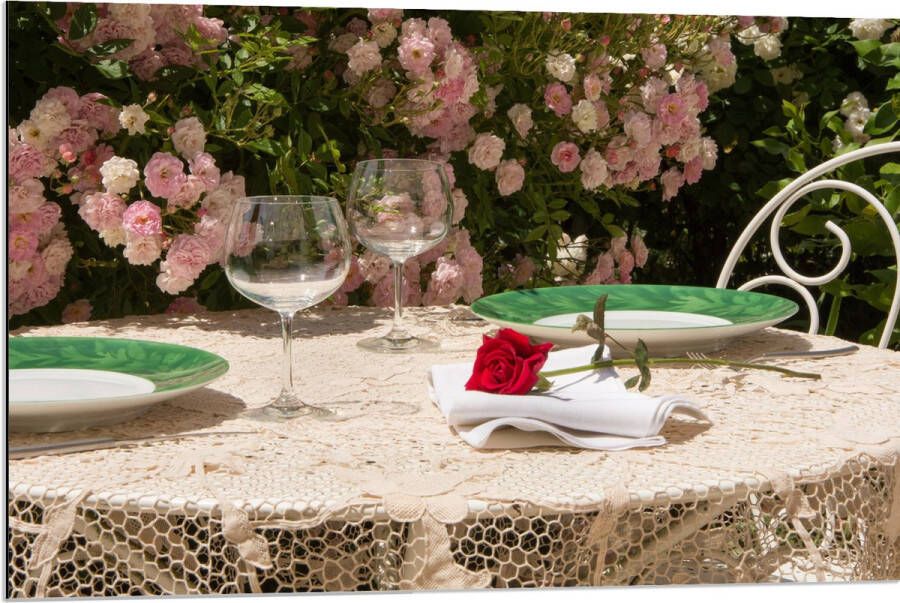 Dibond Tafel Roos Borden Glazen -Bloemen Planten Stoelen 90x60 cm Foto op Aluminium (Met Ophangsysteem)