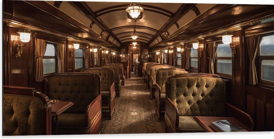Dibond Trein Stoelen Hout Lampen 100x50 cm Foto op Aluminium (Wanddecoratie van metaal)