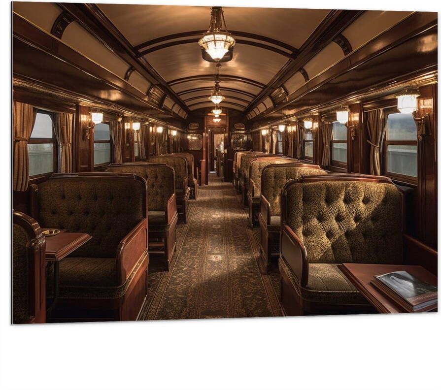 Dibond Trein Stoelen Hout Lampen 100x75 cm Foto op Aluminium (Wanddecoratie van metaal)
