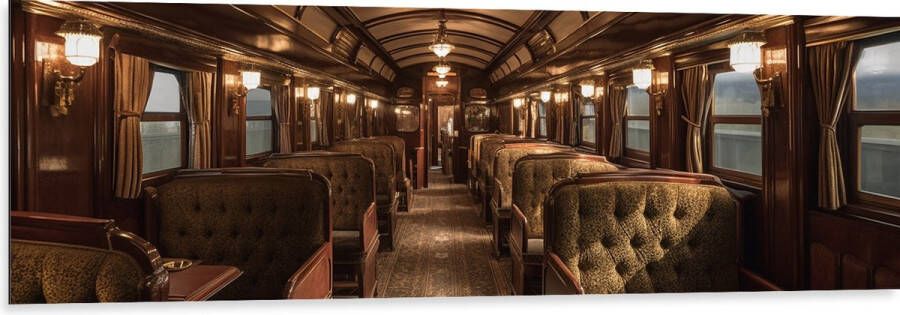 Dibond Trein Stoelen Hout Lampen 150x50 cm Foto op Aluminium (Wanddecoratie van metaal)