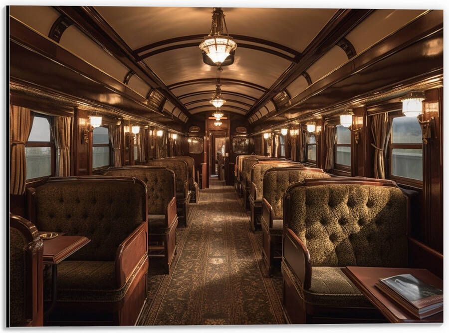 Dibond Trein Stoelen Hout Lampen 40x30 cm Foto op Aluminium (Met Ophangsysteem)