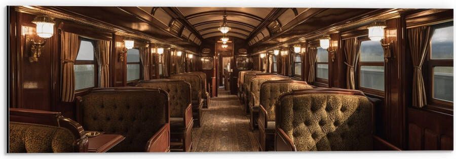 Dibond Trein Stoelen Hout Lampen 60x20 cm Foto op Aluminium (Wanddecoratie van metaal)