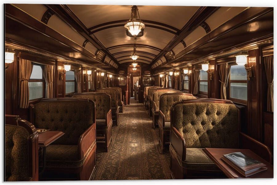 Dibond Trein Stoelen Hout Lampen 60x40 cm Foto op Aluminium (Wanddecoratie van metaal)