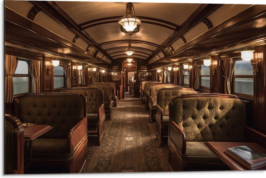 Dibond Trein Stoelen Hout Lampen 75x50 cm Foto op Aluminium (Met Ophangsysteem)