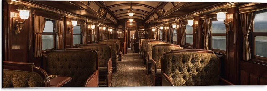 Dibond Trein Stoelen Hout Lampen 90x30 cm Foto op Aluminium (Wanddecoratie van metaal)
