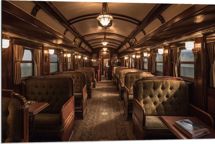 Dibond Trein Stoelen Hout Lampen 90x60 cm Foto op Aluminium (Met Ophangsysteem)