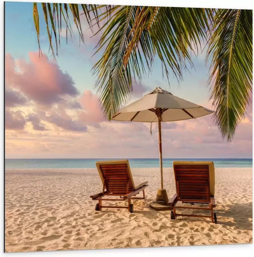 Dibond Twee Ligbedden op het Strand met Palmboom 100x100 cm Foto op Aluminium (Met Ophangsysteem)
