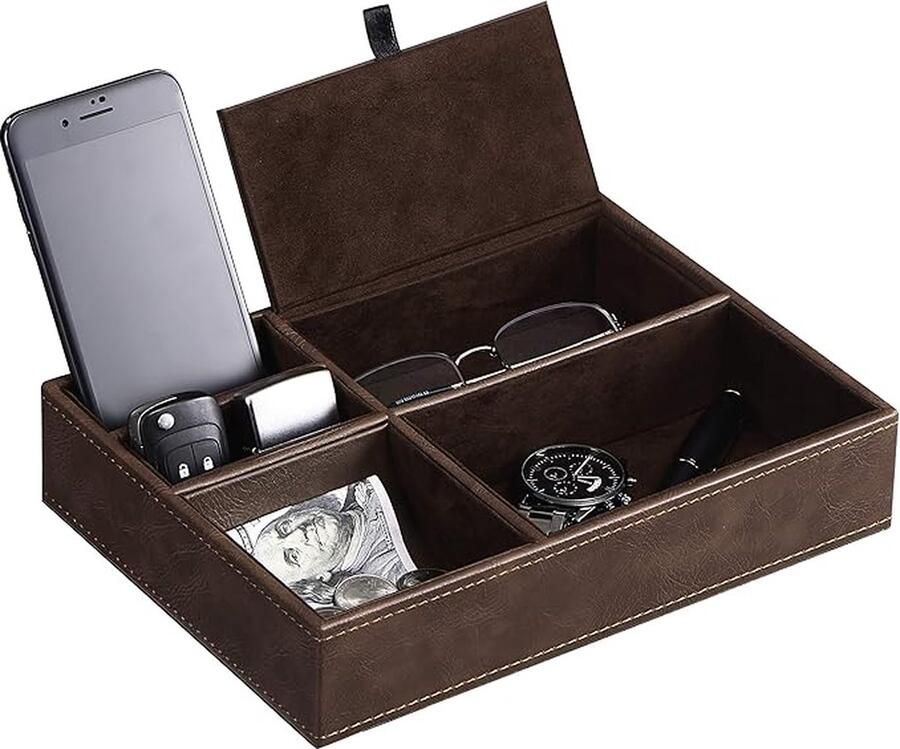 Dienblad Valet Tray Commode Nachtkastje Organizer voor Mannen Voor Accessoires en Sieraden Koolstofvezel Synthetisch Leer