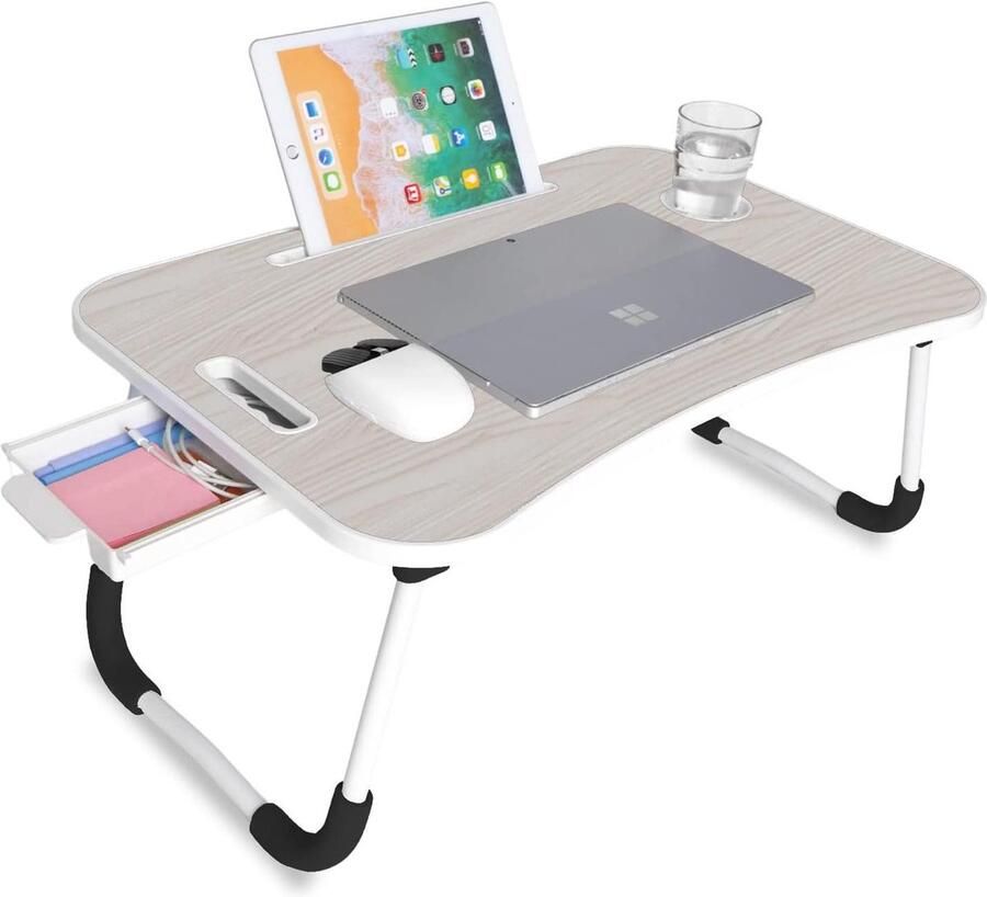 Dienblad voor Bed Opklapbare Ontbijttafel Multifunctioneel Ideaal voor Laptop Computer en Boeken Bijzettafel met Lessenaar om in Bed te Lezen 60x40x26 cm (Hout met Lade) Handig en Stijlvol Beddienblad