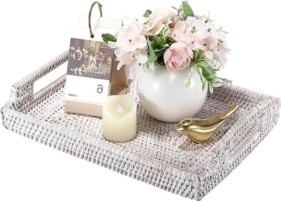Rotan Dienblad Thuis Badkamer Gast Handdoek Lade Decoratieve Display Lade Geweven Tafel Opslag Lade met Handvat Tafel Desktop Organizer Servies Keuken Ornament 34cm Whitewash wooden tray - Foto 2