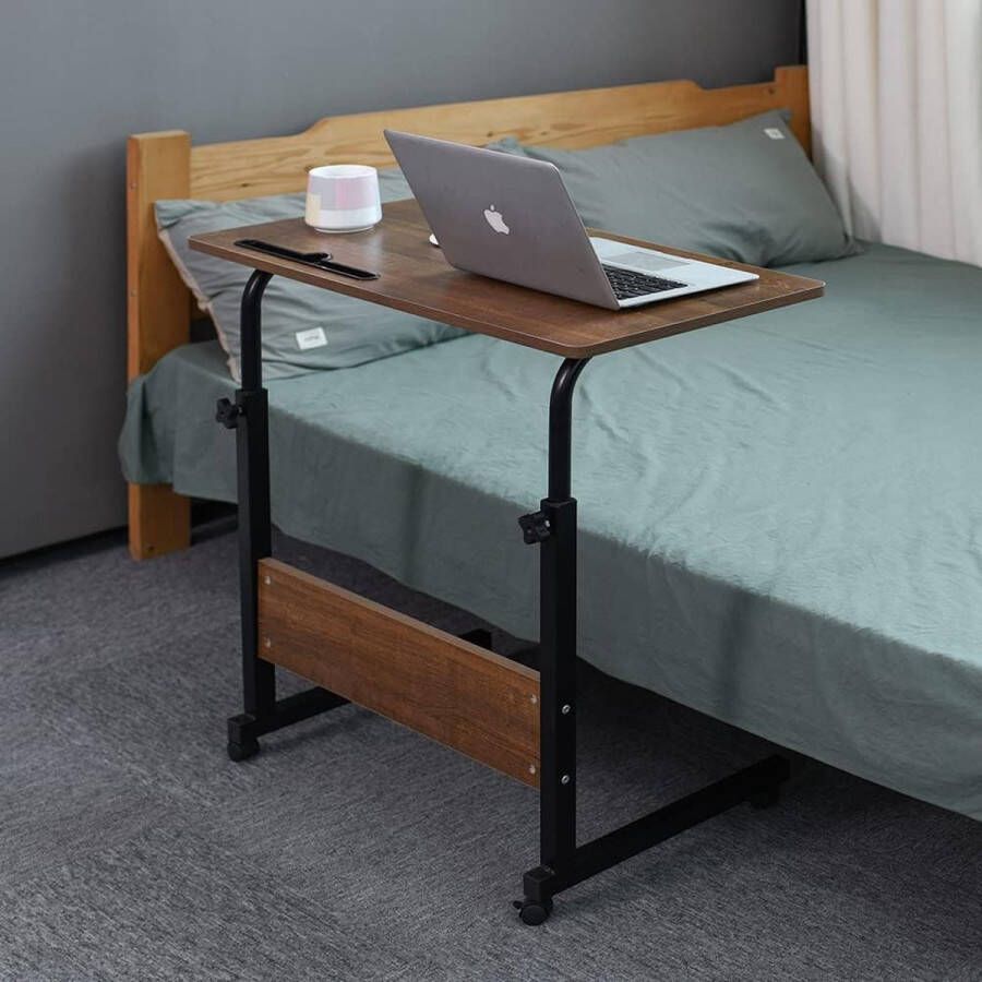 Dienbladtafel verstelbare bank bed Bijzettafel Draagbaar bureau met wielen Bedtafel Laptopwagen met houdersleuf (eiken 80 x 40 cm)