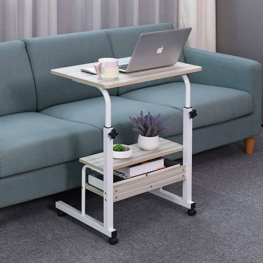 Emall Life Tray Table Adjustable Sofa Bed Side Table Portable Desk with Wheels Overbed Table Laptop Trolley with Open Shelf (White Maple 60 x 40 cm)