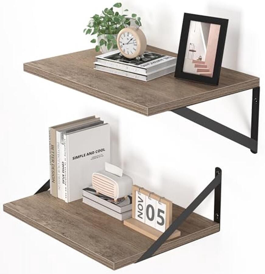 Diepe Wandplanken van Hout Set van 2 Rustiek Grijs Grote Dwarse Planken voor Woonkamer Keuken Kantoor en Slaapkamer