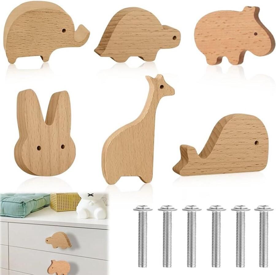 Allecto Plus 6 Dieren Vorm Kastknoppen voor Kinderkamer Meubelknoppen Houten Kinderhandvatten met Schroeven Knoppen voor Kinderkast Meubelknop Ladeknoppen voor Lades Kast Kist van Bedrukte