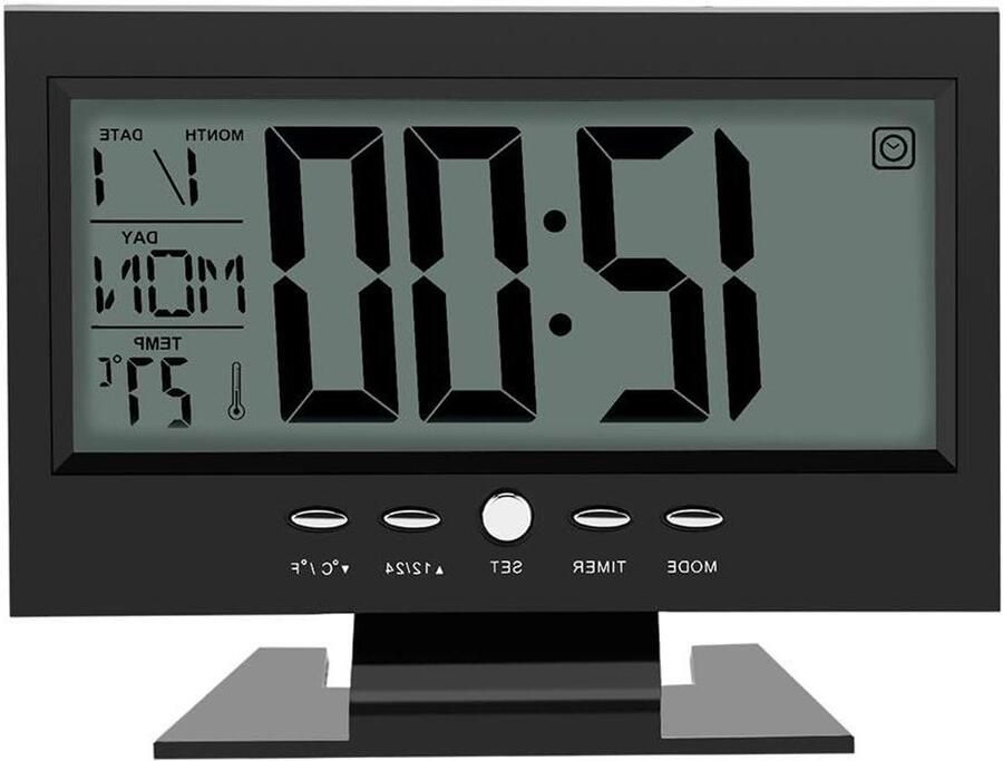 Digital Alarm Clock LCD Display Sound Sensor Table Desk Alarm Clock with Calendar and Temperature Display (Black)