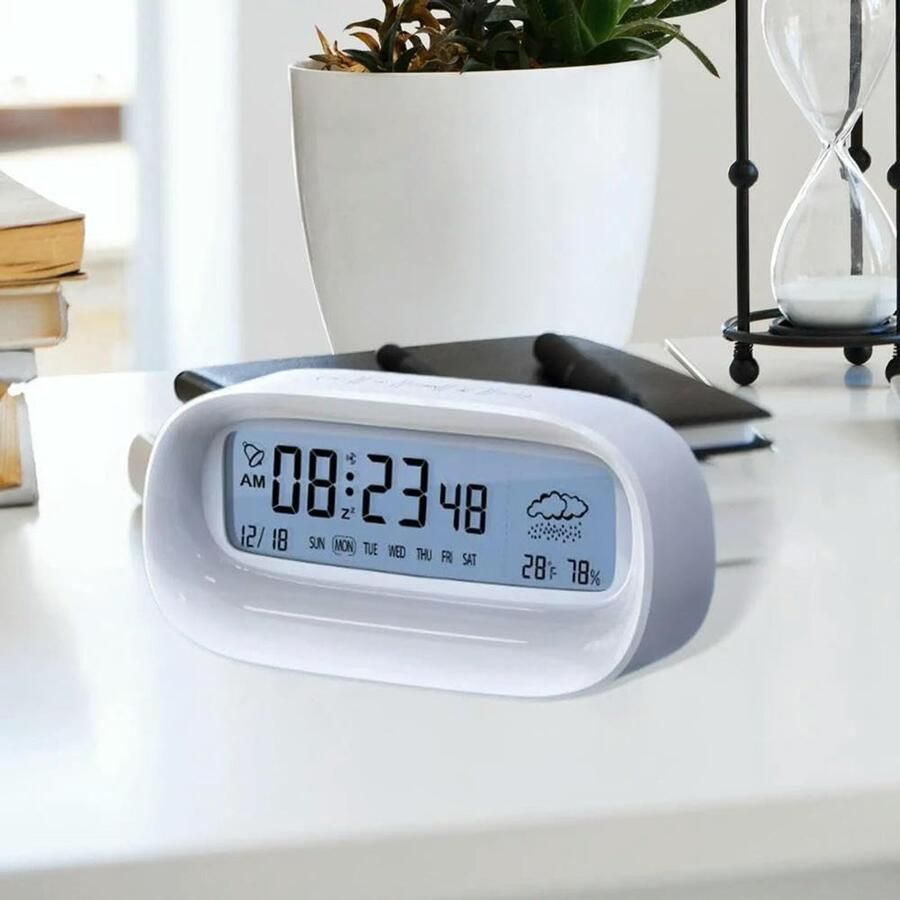 Digitale bureauwekker met groot display datum tijd en week met seconden weerstation voor keuken nachtkastje en slaapkamer