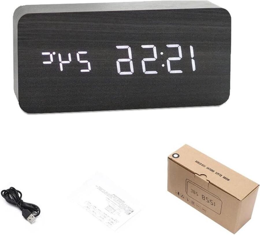 Digitale Houten LED Wekker Geluid Touch Control Nachtkastje Stil Thuiskantoor