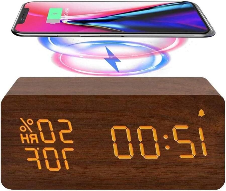 Digitale houten wekker met draadloos opladen en LED-display voor slaapkamer nachtkastje en kantoor