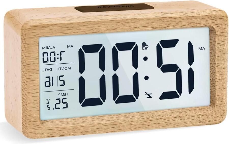 Houten digitale wekker met grote temperatuurweergave tafelklok met snooze en datum regelbare helderheid voor nachtkastje en kantoor 3 AAA-batterijen vereist