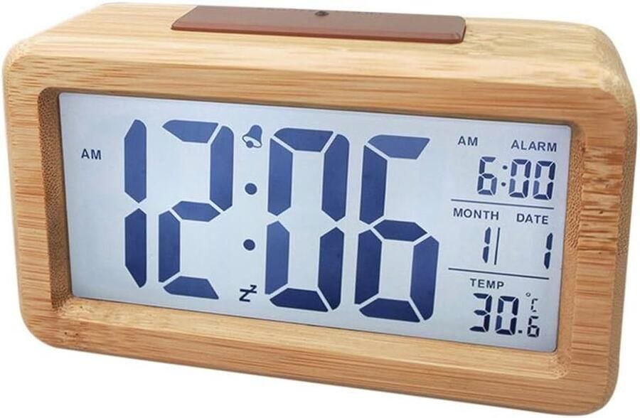 Digitale Houten Wekker met Sensor Achtergrondverlichting en Batterijvoeding voor Nachttafel