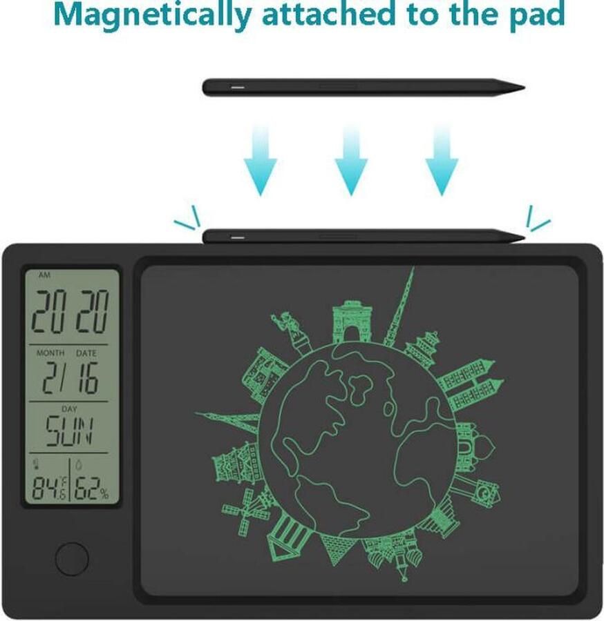 Digitale Klok Kalender met LCD wisbare schrijfbord Luxe Weerstation Bureau Accessoire zwart