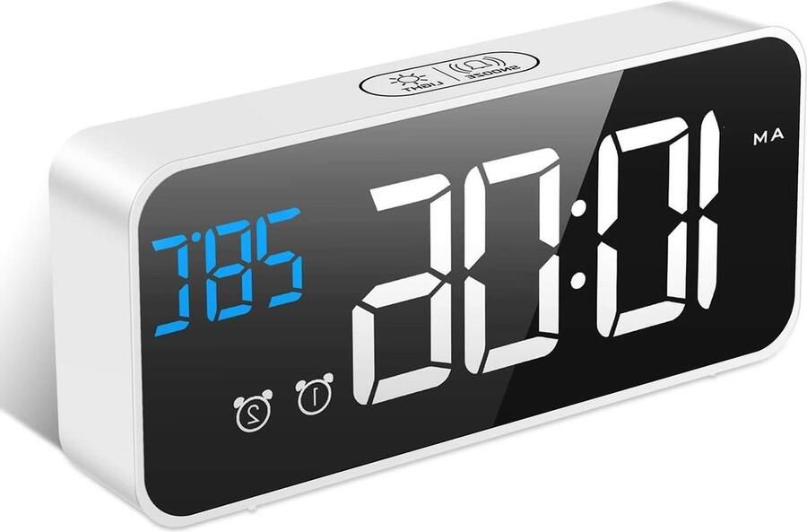 Digitale LED wekker met oplaadbare spiegel Nachtkastje met temperatuurweergave Niet-tikkend snooze volume instelbaar 2 alarmen met 13 muziekopties Wit