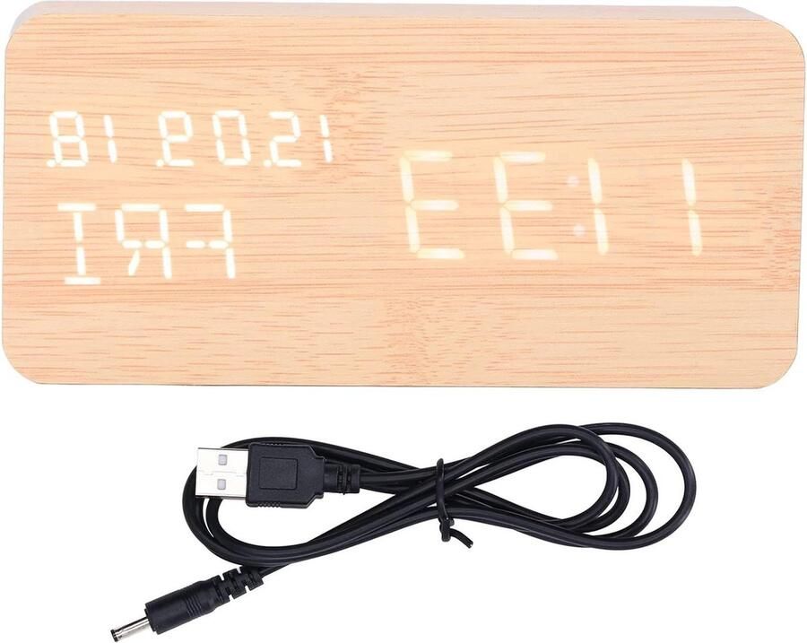 Digitale LED wekker van hout met geluidsregeling 3 helderheid niveaus voor bureau woonkamer en kantoor
