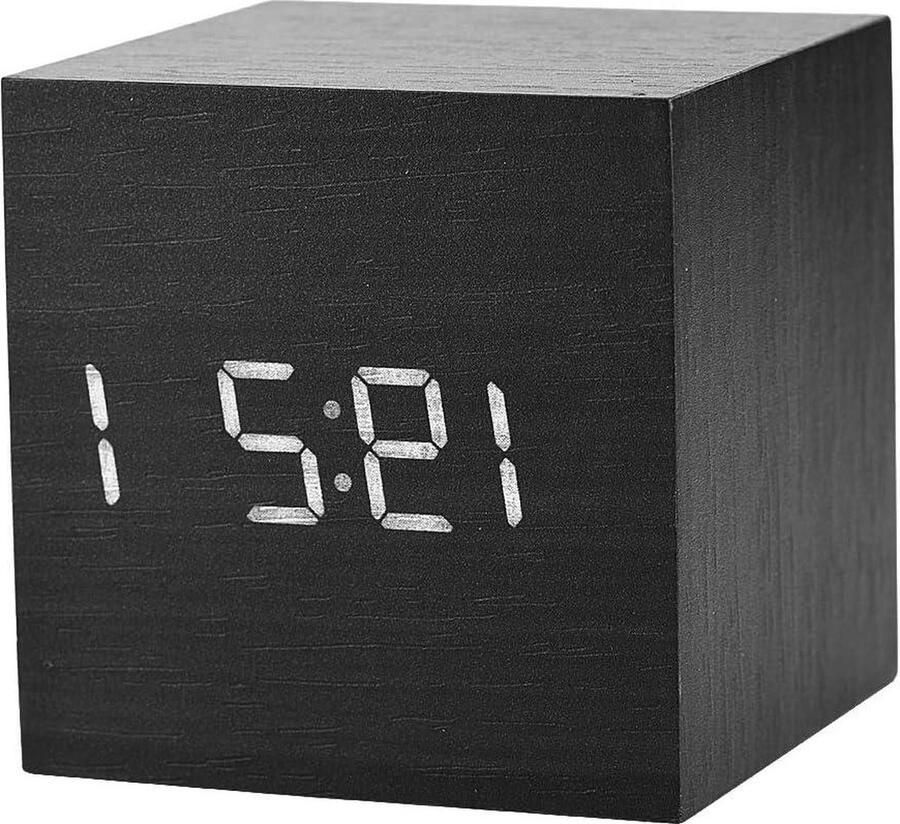 Digitale ledwekker houten tafelklok met alarmen spraakbesturingsmodus altijd heldere modus voor nachtkastje slaapkamer 6 x (zwart hout wit licht)