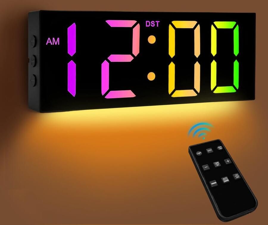 Digitale wandklok LED wandklok groot met 12 inch display kleurrijke digitale klok met nachtlampje met afstandsbediening stil dimbaar geschikt voor woonkamer slaapkamer kantoor bureau
