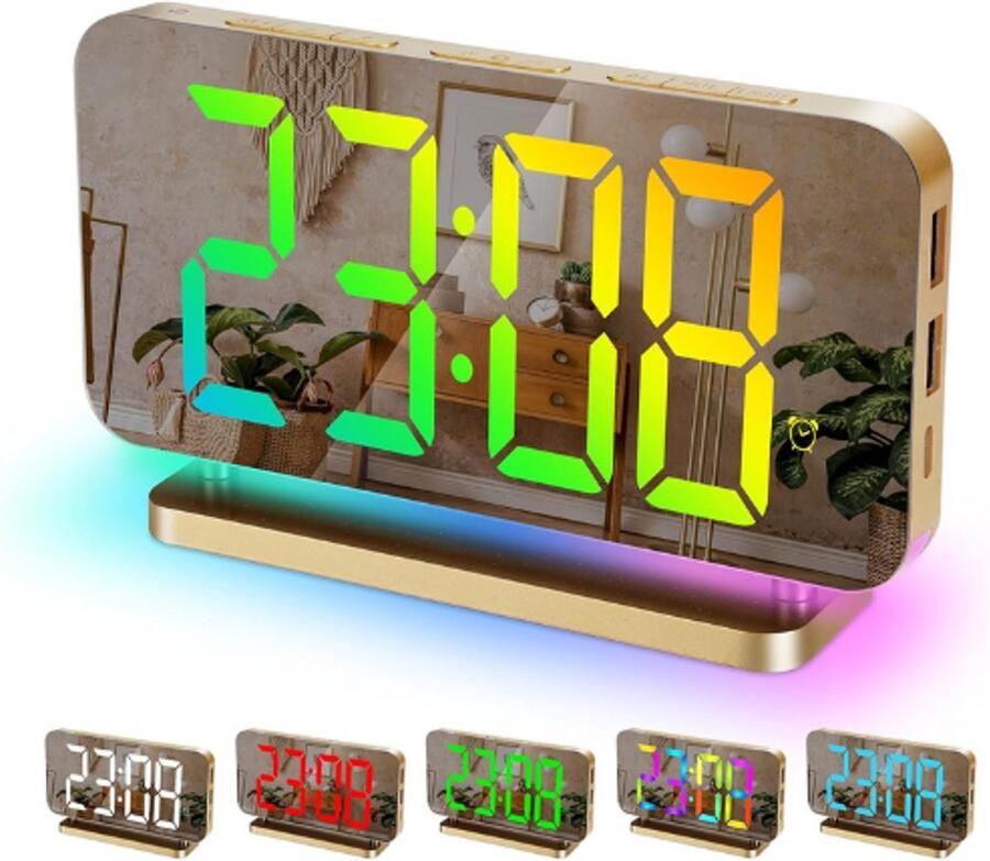 Digitale Wekker 7.4 Inch RGB Nachtlampje Met 11 Kleurweergaves USB-C Wekker Met Opladerpoort Goud Helderheid En Volume Instelbaar Wekker Voor Nachtkastje Slaapkamer