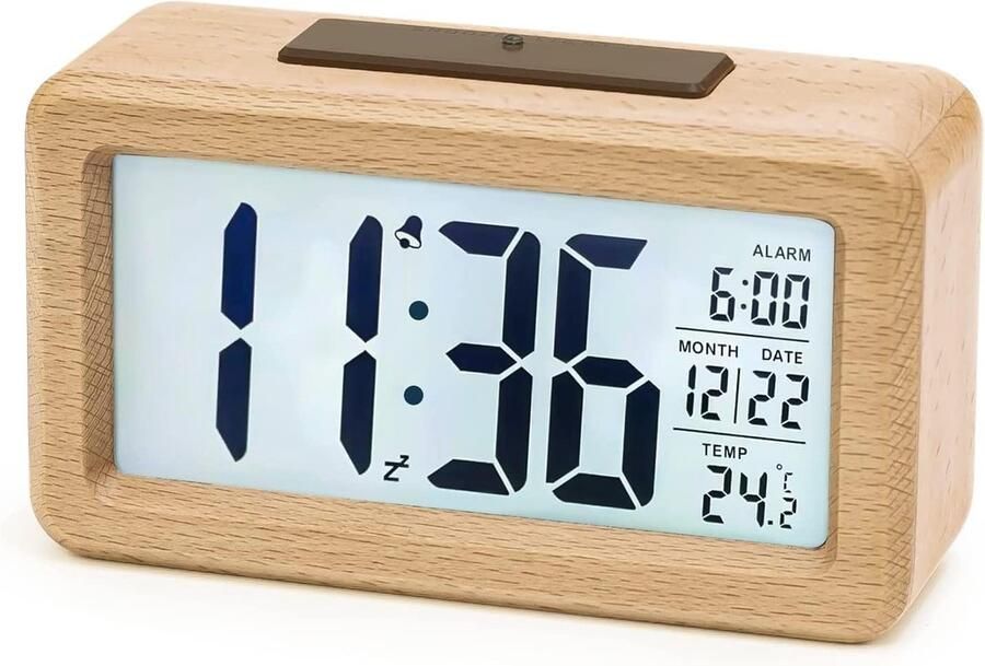 Digitale Wekker Digitale Klok-groot lcd houten nachtkastje achtergrondverlichting temperatuur snoozefunctie- helderheidssensor-Houtnerf kleur