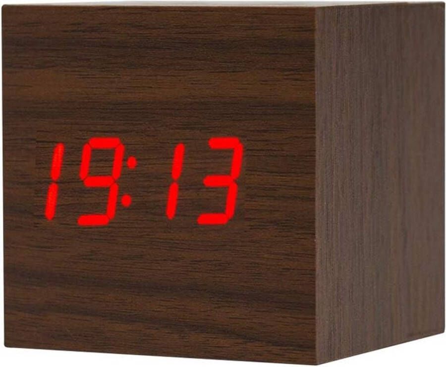 Digitale Wekker Hout LED-licht Mini Cube Desk Wekker Geeft tijd Datum Temperatuur Voor Kinderen Slaapkamers Huis Slaapzaal Reizen AC10 Brown_Red