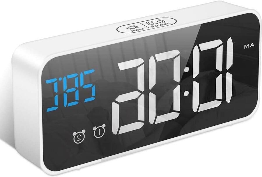 Digitale wekker LED temperatuurweergave tafelklok met spiegelalarm dual alarm snooze 4 niveaus helderheidsdimmer 13 muziek USB-aansluiting nachtkastje slaapkamer roze (wit)