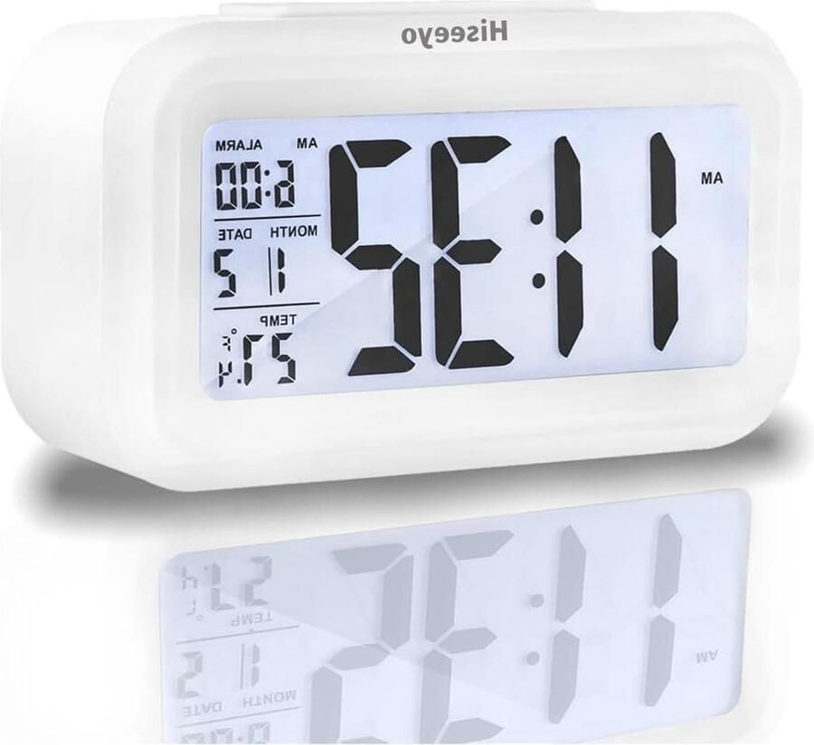 Digitale wekker met 43 inch led-display en temperatuurweergave groter lound licht draagbare snooze-kalender helderheid instelbaar batterij-aangedreven wekker voor nachtkastje (wit)