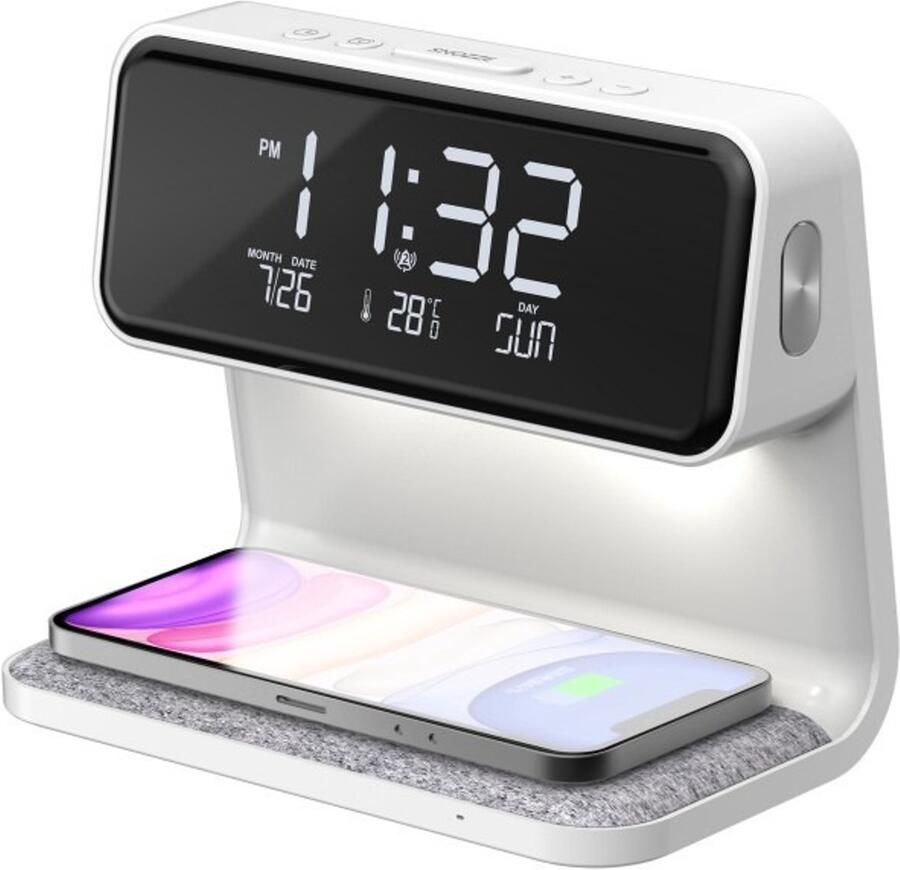 Digitale Wekker met Draadloze Oplader Nachtlamp LED Display Dubbel alarm 3 helderheidsniveaus Klok voor Bureau & Slaapkamer Temperatuurweergave USB-Oplaadfunctie