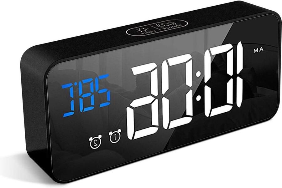 Digitale wekker met grote LED temperatuurweergave tafelklok met spiegelalarm dual alarm snooze 4 niveaus instelbare helderheidsdimmer 13 muziek USB-aansluiting nachtkastje slaapkamer roze