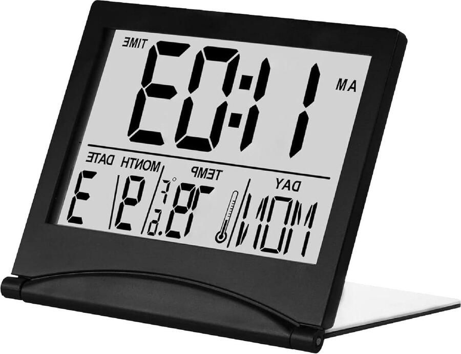 Digitale Wekker Op Batterijen LCD Reiswekker Opvouwbaar Bureau Klok met Temperatuur en Datum Aanduiding Zwart Digitale Wekker