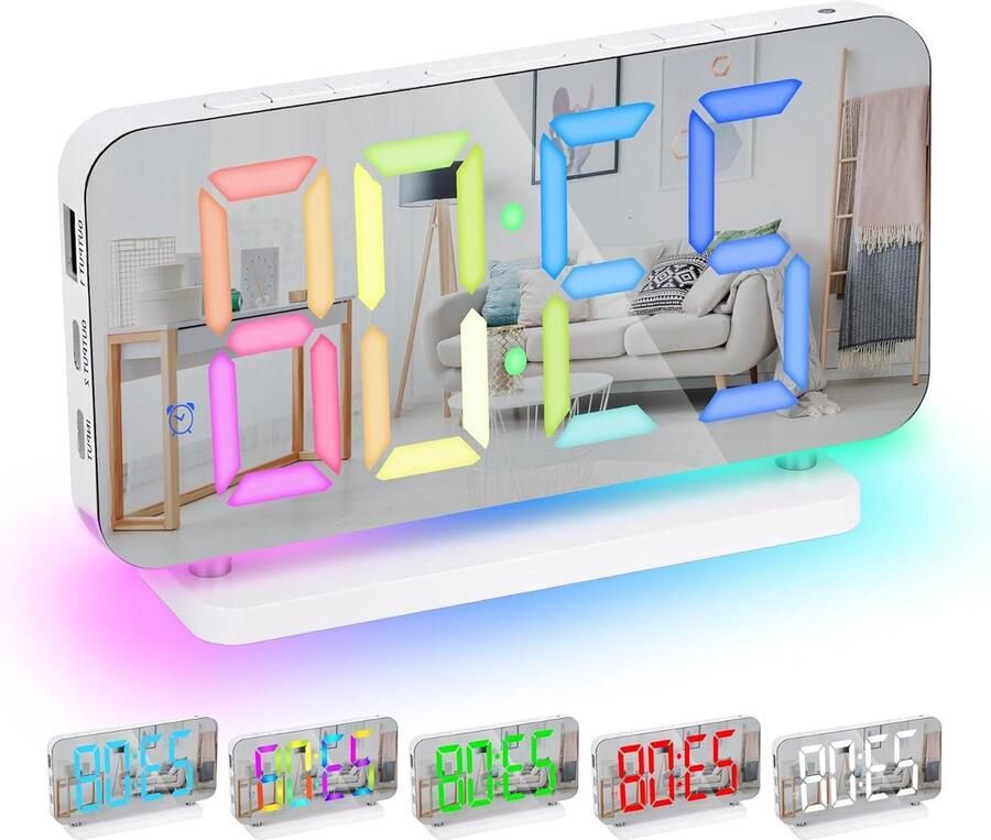 Digitale Wekker Sukeen 7.4 met 11 kleuren tijdweergave 10 modi RGB-nachtlampje en USB C-opladerpoort volume helderheid wekkers nachtkastje voor slaapkamer thuis Wit Digitale Wekker