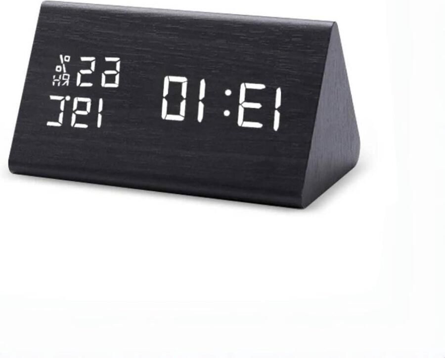 Digitale wekker voor nachtkastje met vochtigheid en temperatuurdetectie houten elektrische klok met dimbare functie 3 alarminstellingen zwart wit