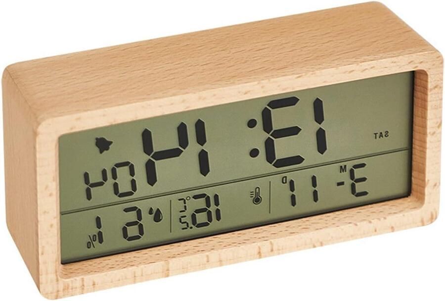 Digitale wekker voor slaapkamer batterij aangedreven houten nachtkastje wekker met achtergrondverlichting sluimertemperatuur vochtigheid en 12 24 uur display ideaal voor zware slapers en senioren