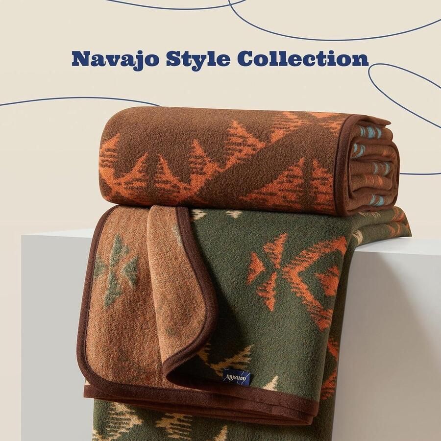 Dikke merino wollen deken grote warme woondeken voor slaapbank bank buiten picknick reizen camping het hele seizoen (160 x 200cm|Navajo stijl groen)