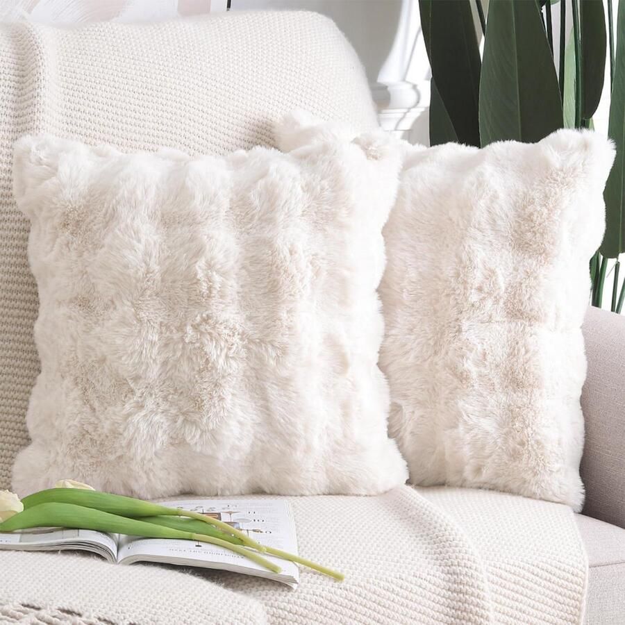 Dikke Pluche Faux Wol Zachte Kussenslopen Set van 2 Crème Wit 45x45 cm Bank Slaapkamer
